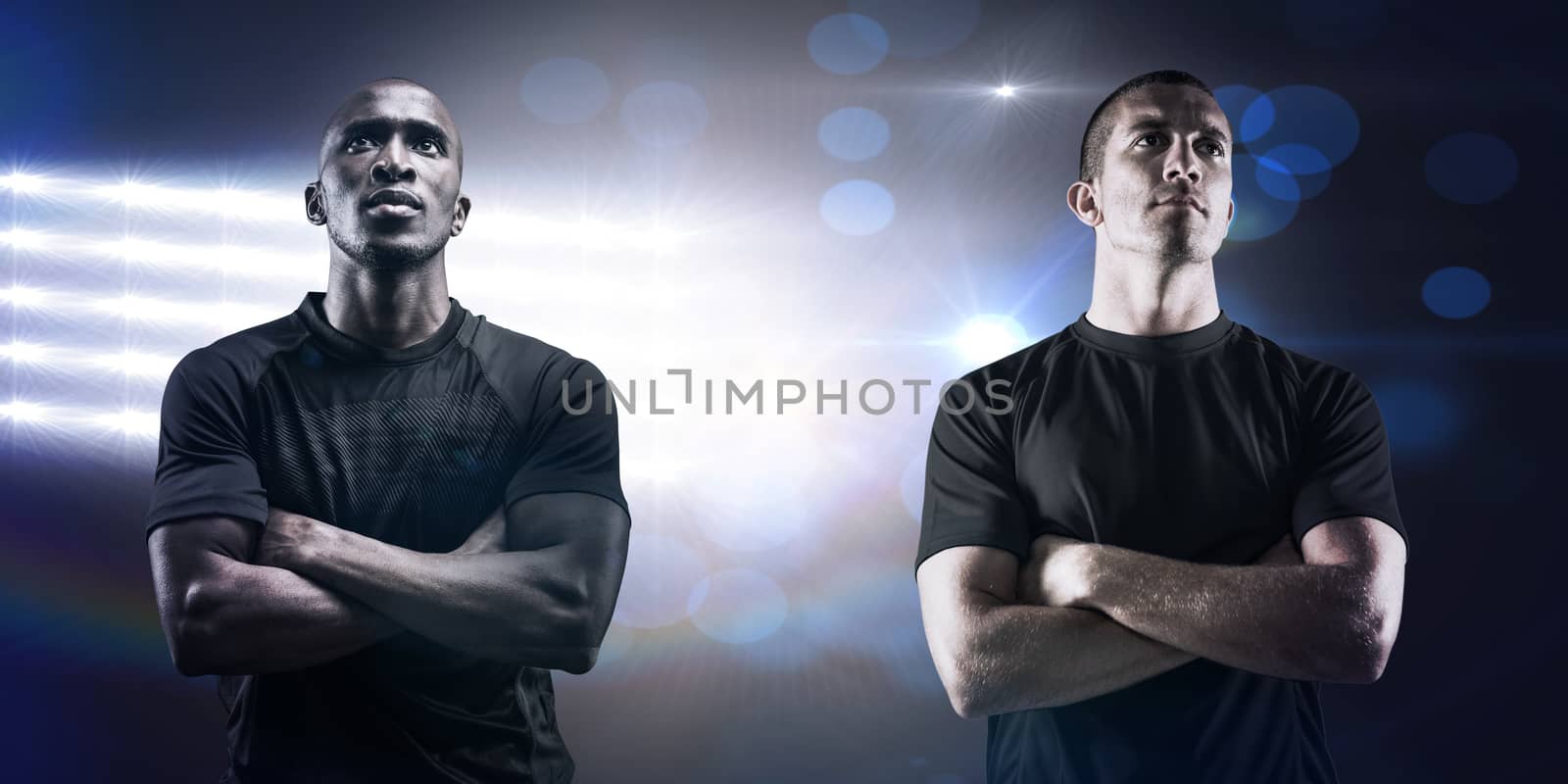 Composite image of thoughtful rugby player with arms crossed by Wavebreakmedia