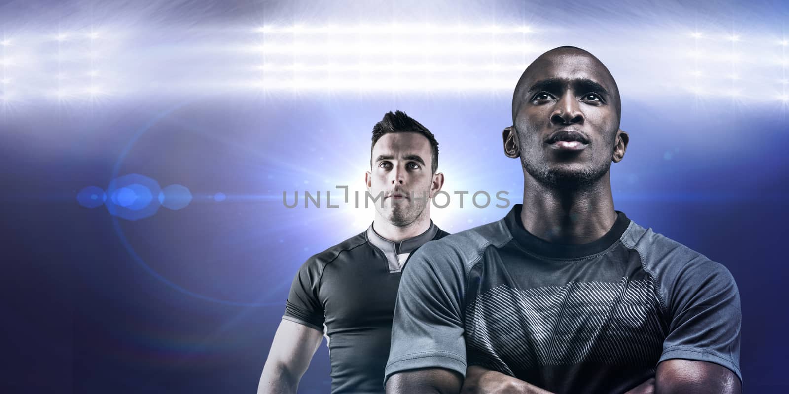 Composite image of thoughtful athlete standing with arms crossed by Wavebreakmedia