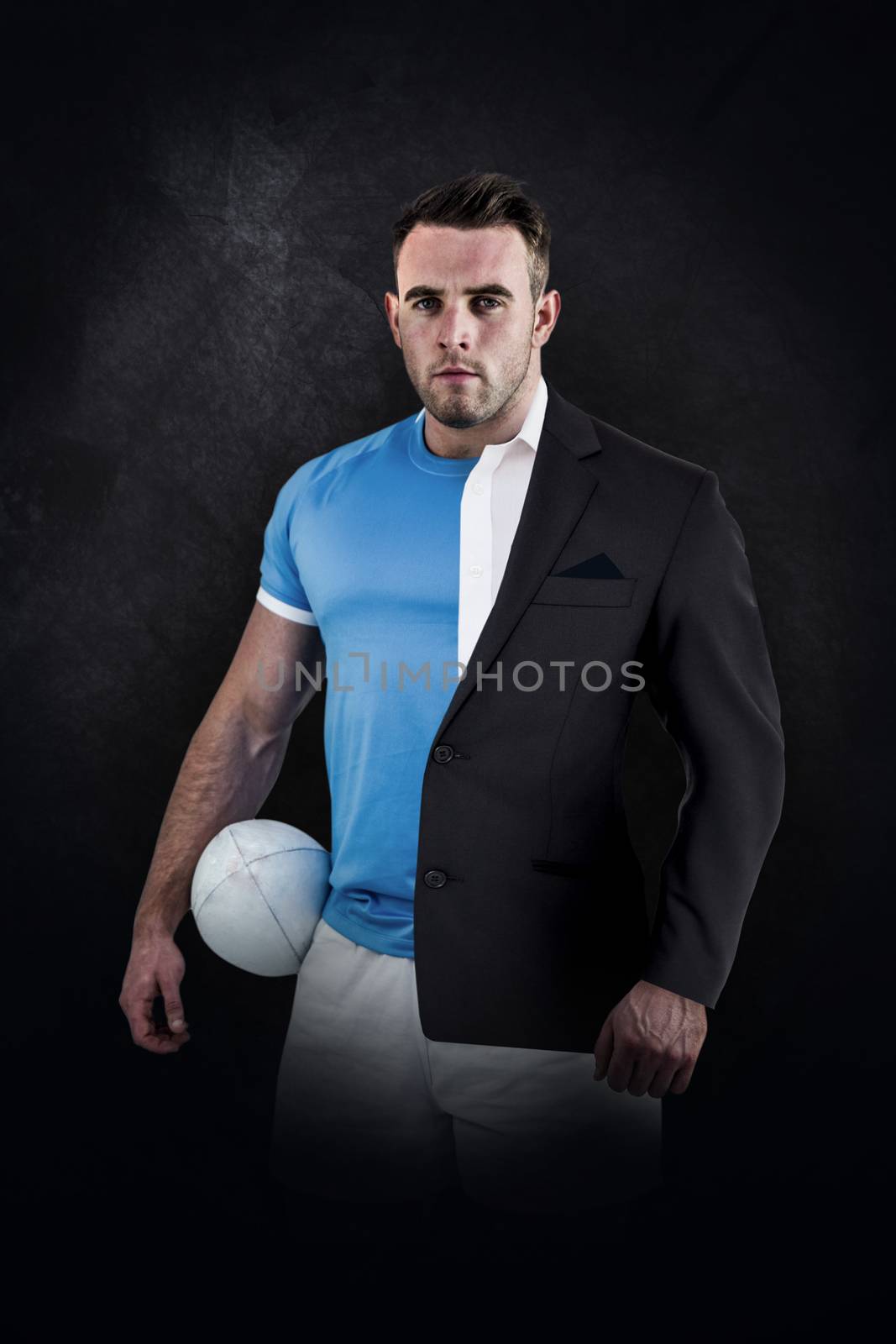 Rugby player looking at camera against half a suit