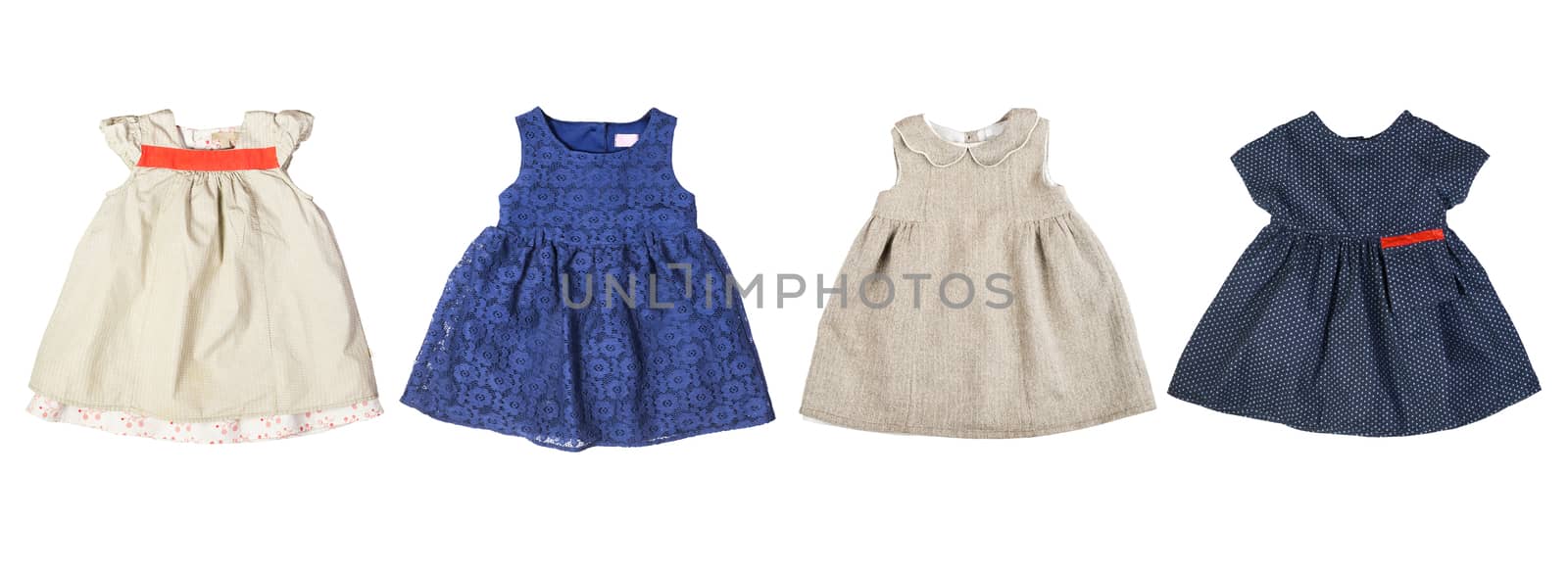 Set of cute colorful baby dresses for summer and spring wardrobe isolated on white background