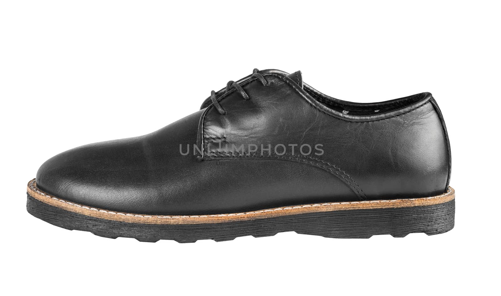 Male classic black leather stylish shoe with laces close up, top view