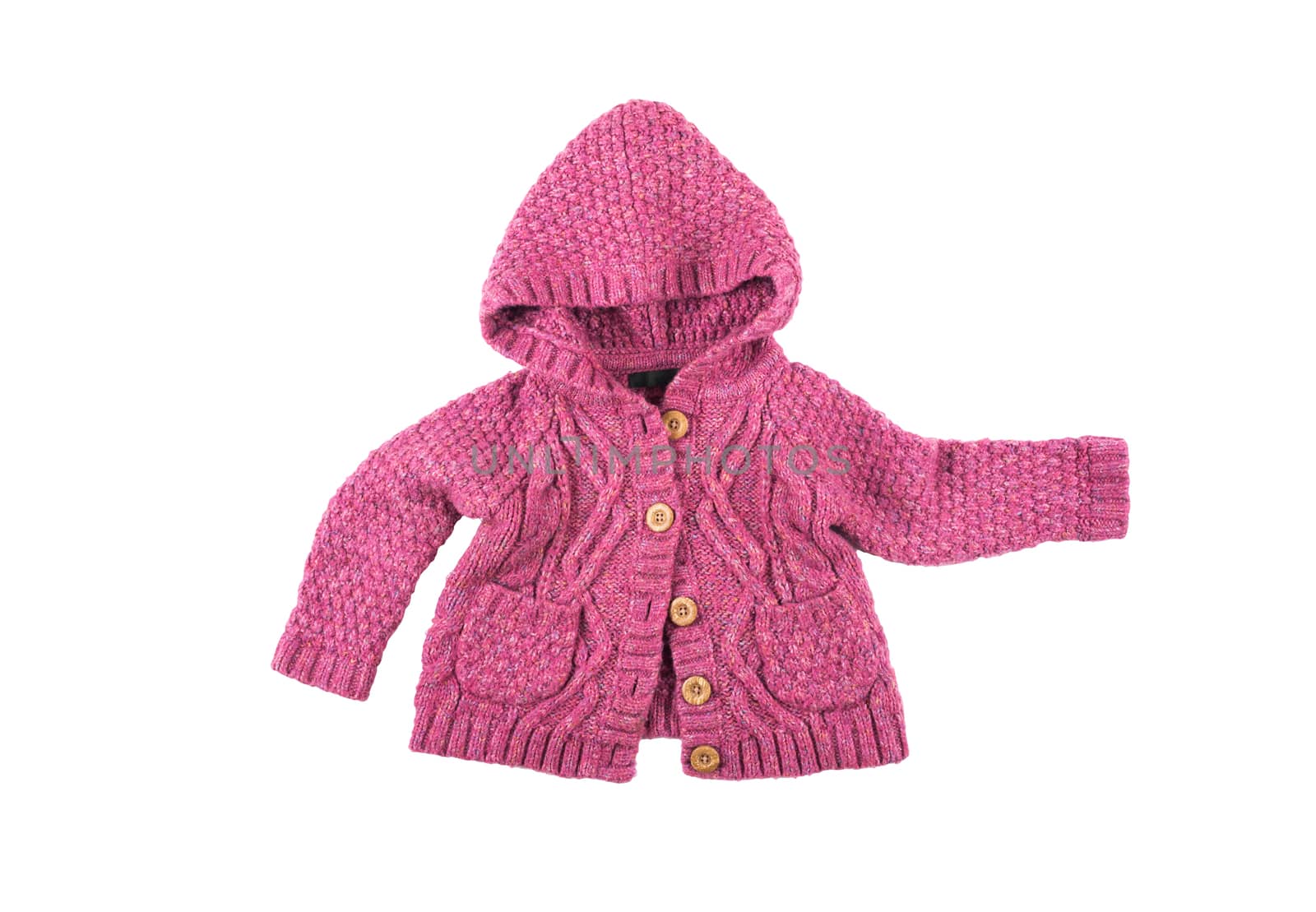 Baby warm knitted woolen pink sweater with buttons and hood
