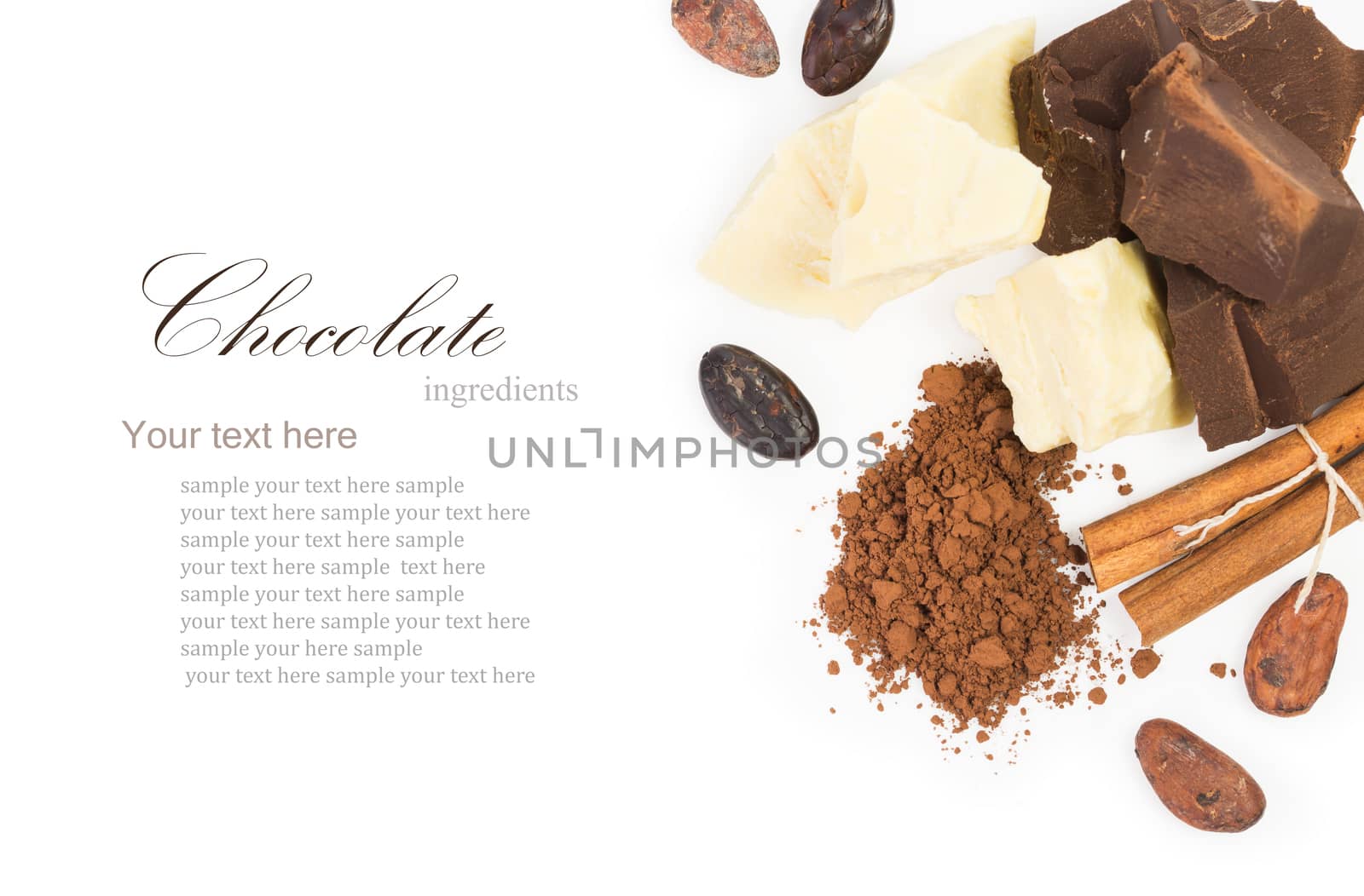 ingredients for cooking  homemade chocolate, cocoa beans, cocoa powder, cocoa butter, unsweetened block chocolate, baking chocolate, cinnamon  isolated on white background