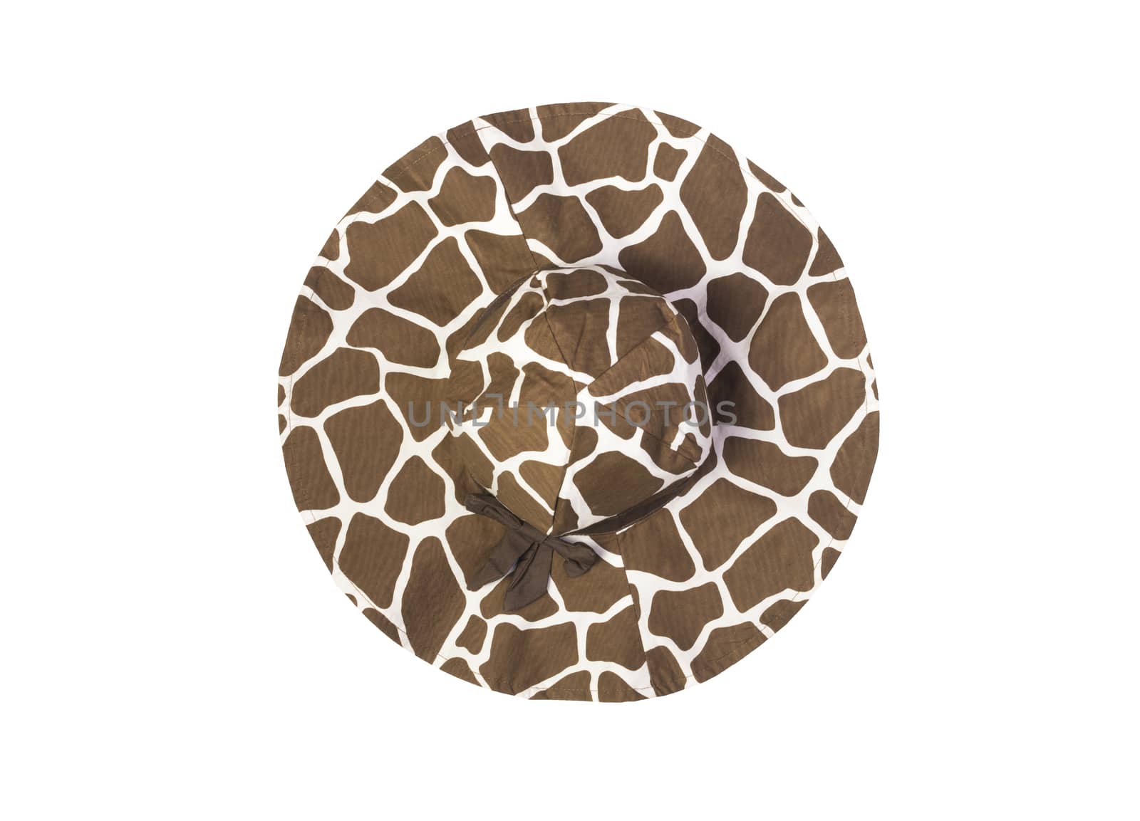 summer cotton women's sun hat with giraffe print isolated on white, top view 