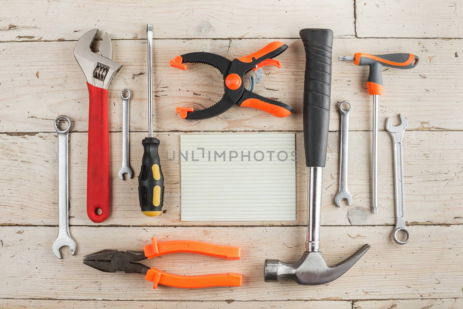 Greeting Card, Happy Father's Day, Happy Birthday Dad, concept, set of different carpentry tools: a hammer,  pliers, wrench, screwdriver, various spanners, clamp 