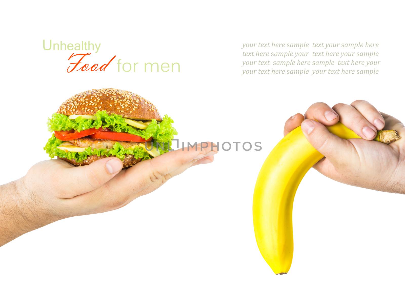 Concept. Unhealthy junk food for male sexual potency. A man's hand holding a burger, the other man's hand holding a banana like a big penis upside down that symbolizes lack of erection and impotence
