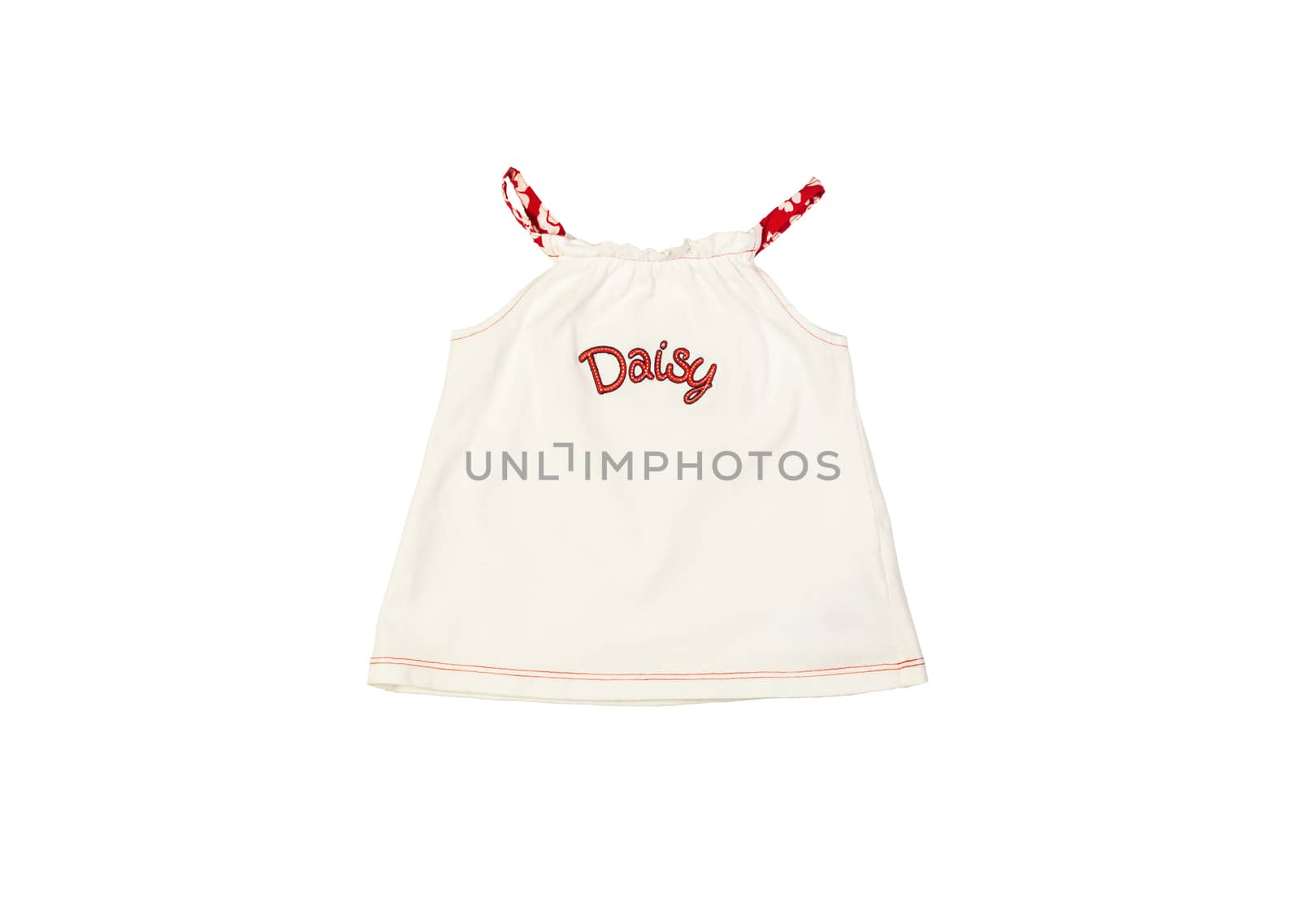 little girl light white cotton shirt labeled Daisy for spring and summer wardrobe isolated on white background