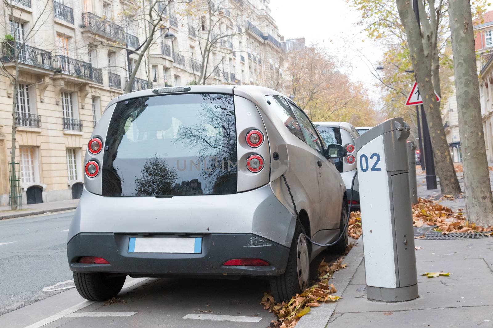 Power supply for electric car charging.  Electric car charging station. Paris, France.