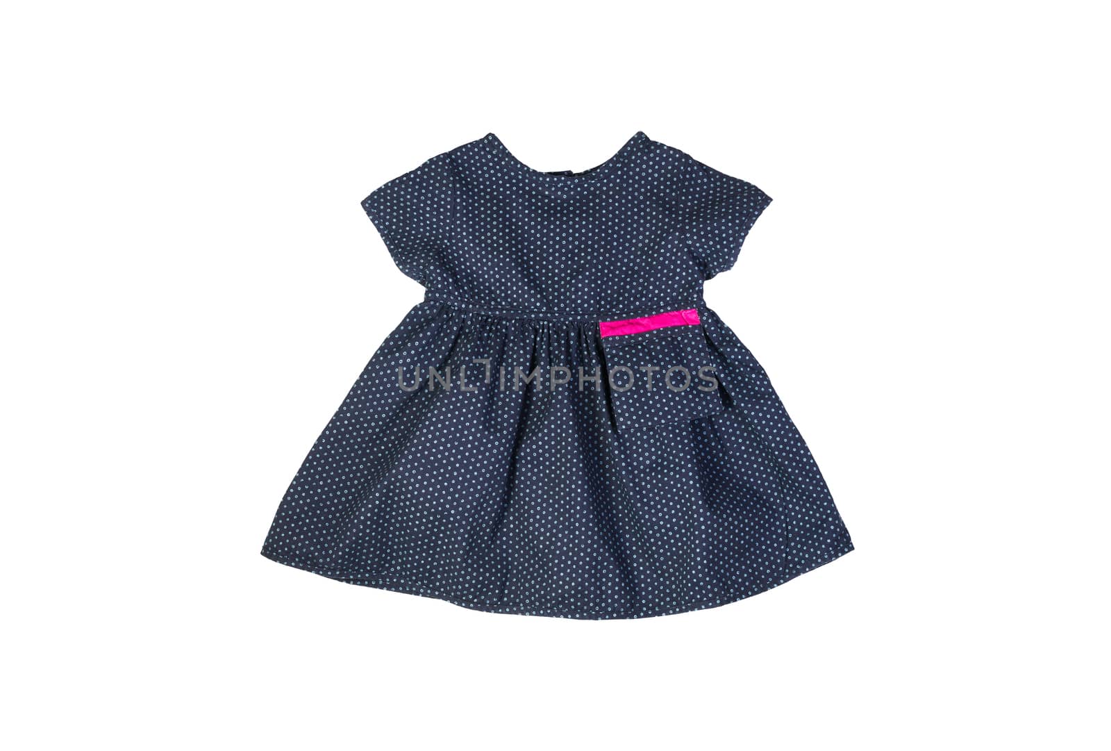 beautiful elegant cotton dark blue baby dress in blue polka dots print for spring and summer isolated on white background