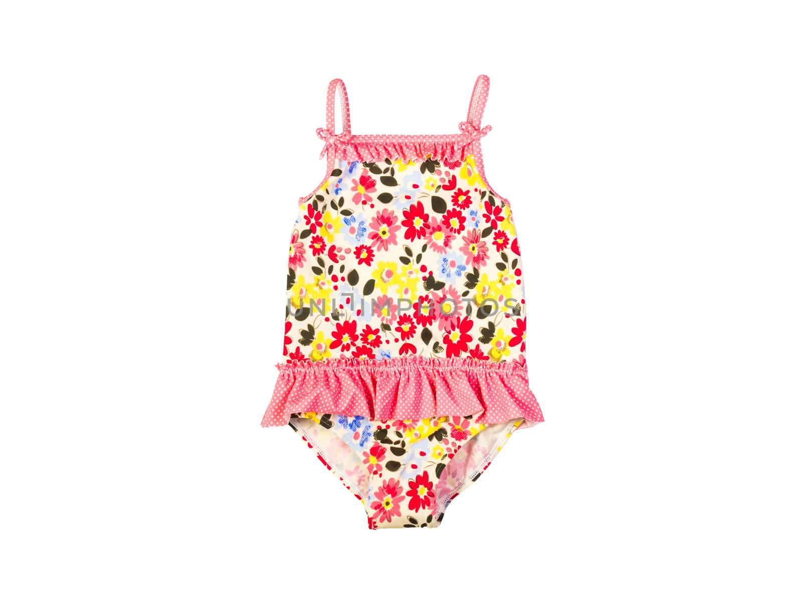 Children's bright flowered swimsuit isolated on white background