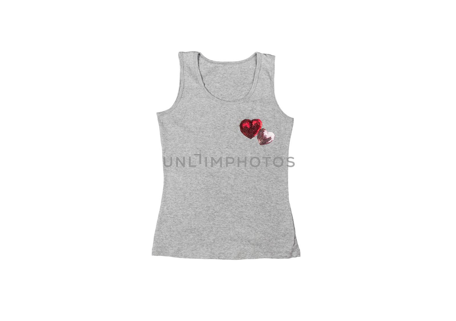 Sleeveless gray women's  shirt with two red and pink hearts isolated on wight background, love concept