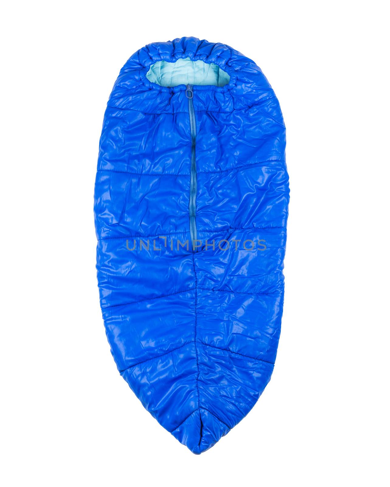 Blue Children's sleeping bag for camping, hiking, traveling isolated on white background