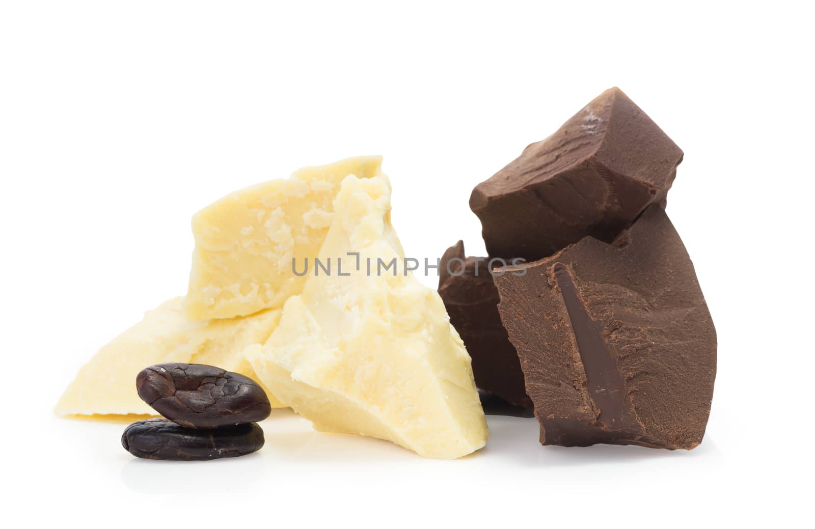 ingredients for cooking  homemade chocolate, cocoa beans,  cocoa butter, unsweetened block chocolate, baking chocolate,  isolated on white background