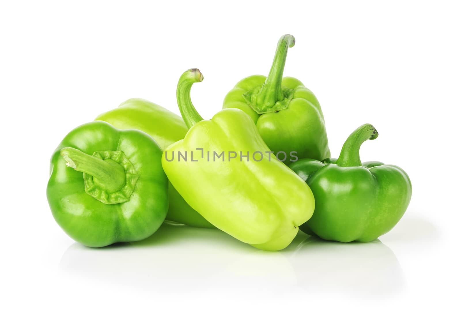 sweet green bell peppers, isolated on white background, closeup 