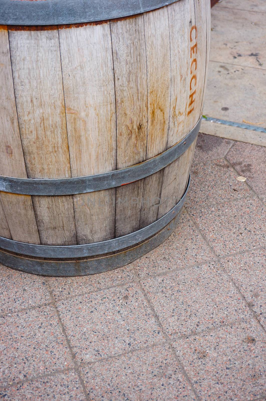 GDANSK, POLAND - JULY 29, 2015: Close up of wooden Cecchi barrel