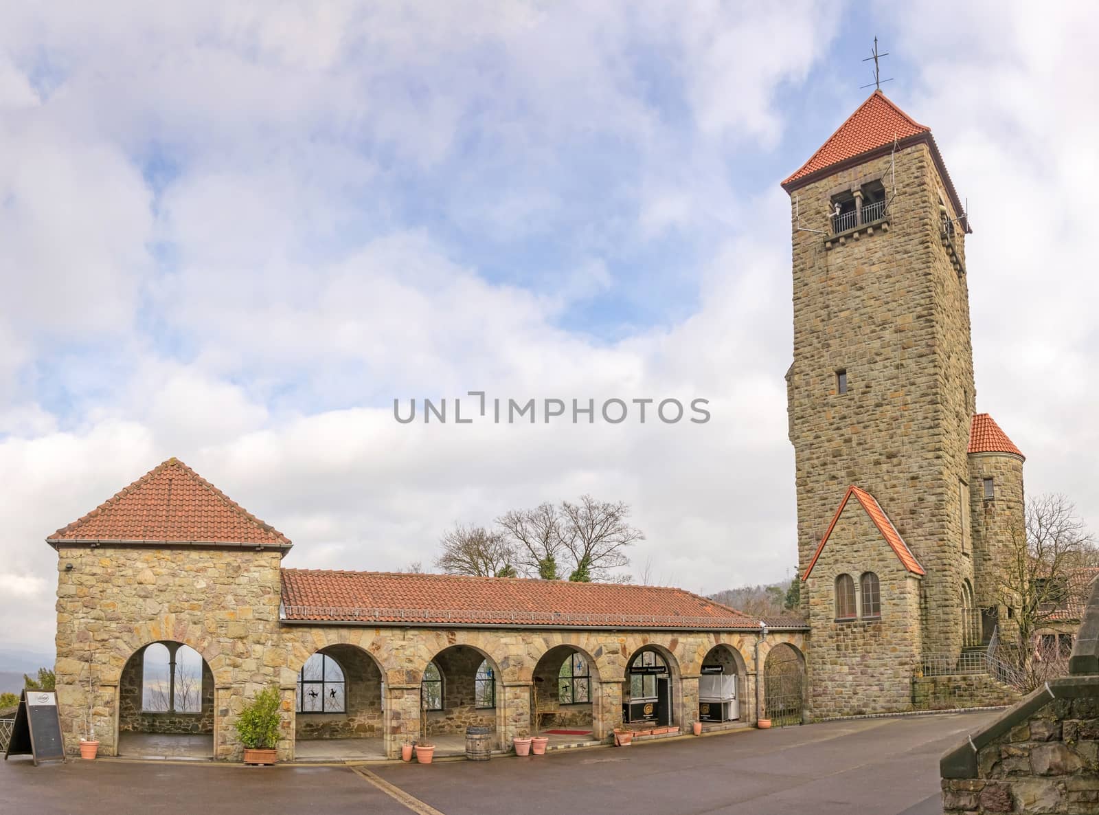 Weinheim, Germany - February 2, 2014: Castle named Wachenburg near City of Weinheim, panorama shot in the patio.