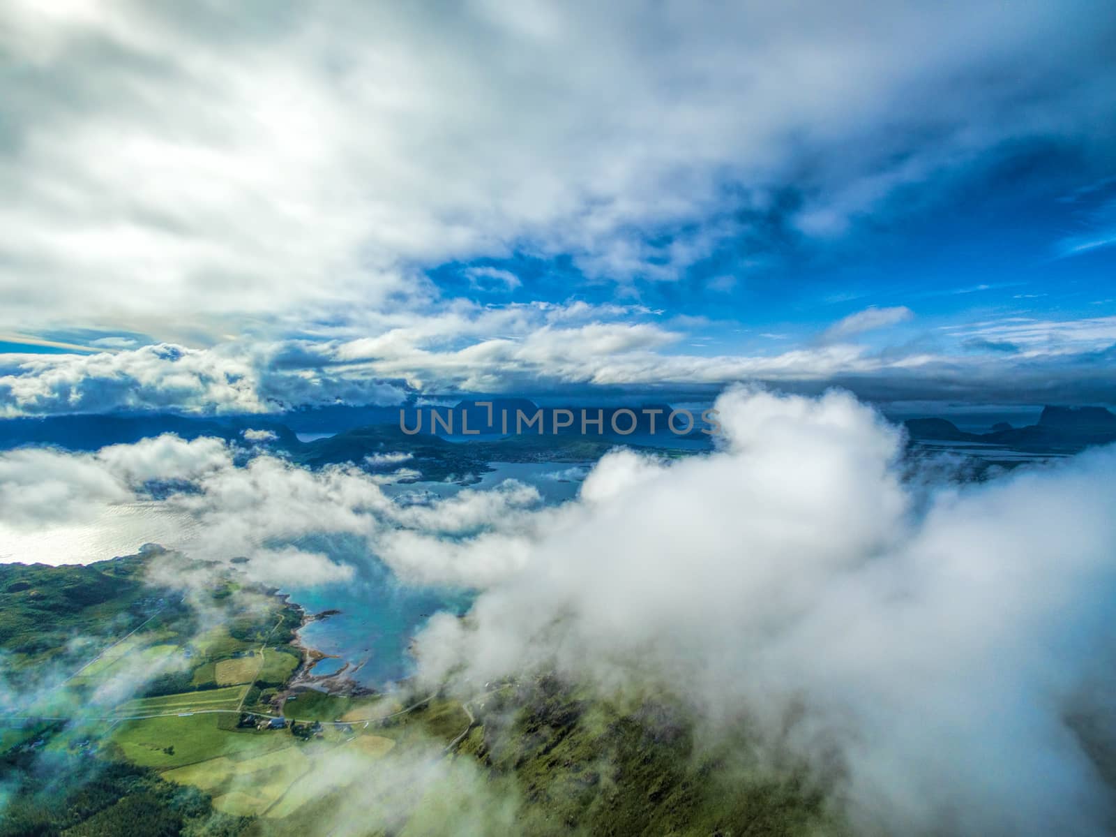 Aerial view of Lofoten islands in clouds