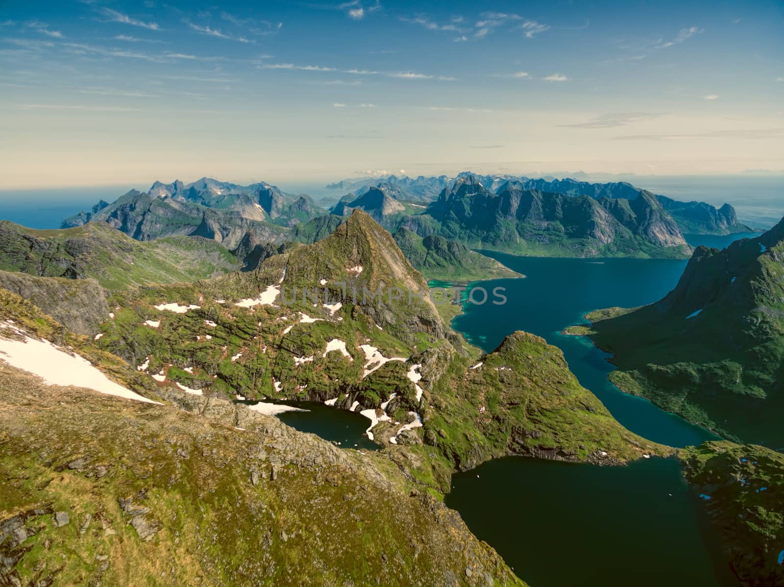 Scenic aerial view of high peaks on Lofoten islands in Norway