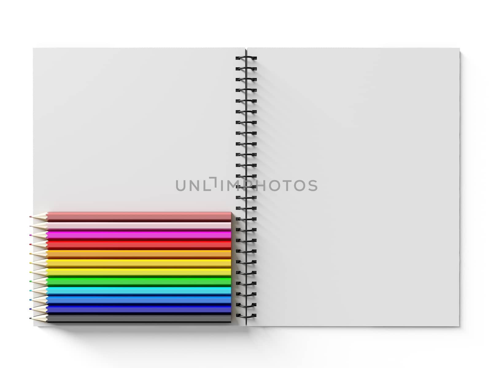 notebook with colored pencils on White background, stationary object