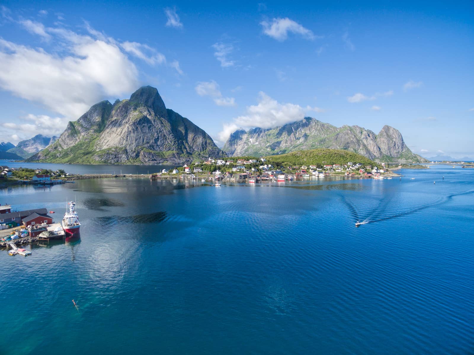 Scenic aerial view of fishing town Reine on Lofoten islands in Norway, famous tourist destination