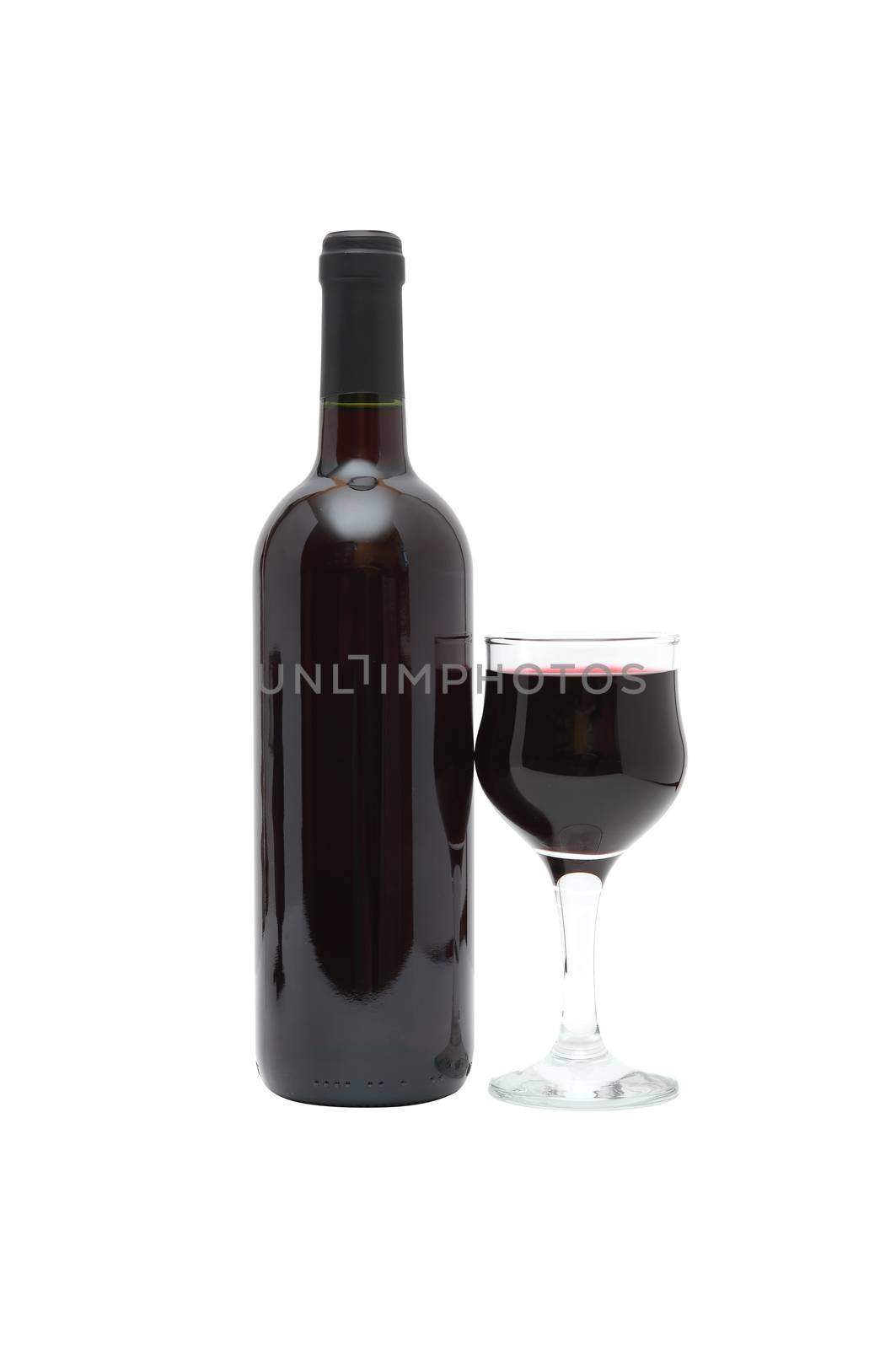 One bottle of red wine near wineglass on white background. Isolated with clipping path