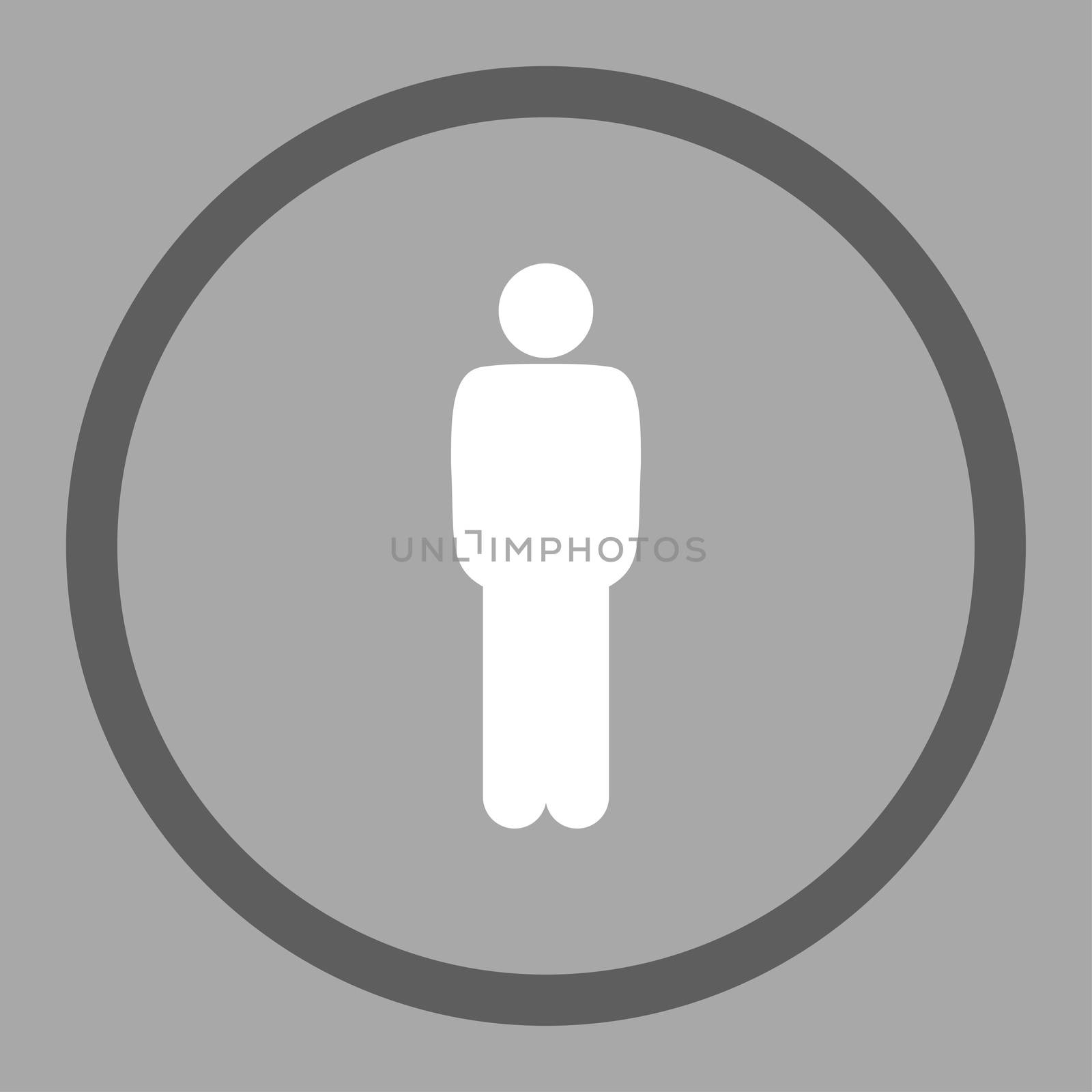 Standing icon. This rounded flat symbol is drawn with dark gray and white colors on a silver background.