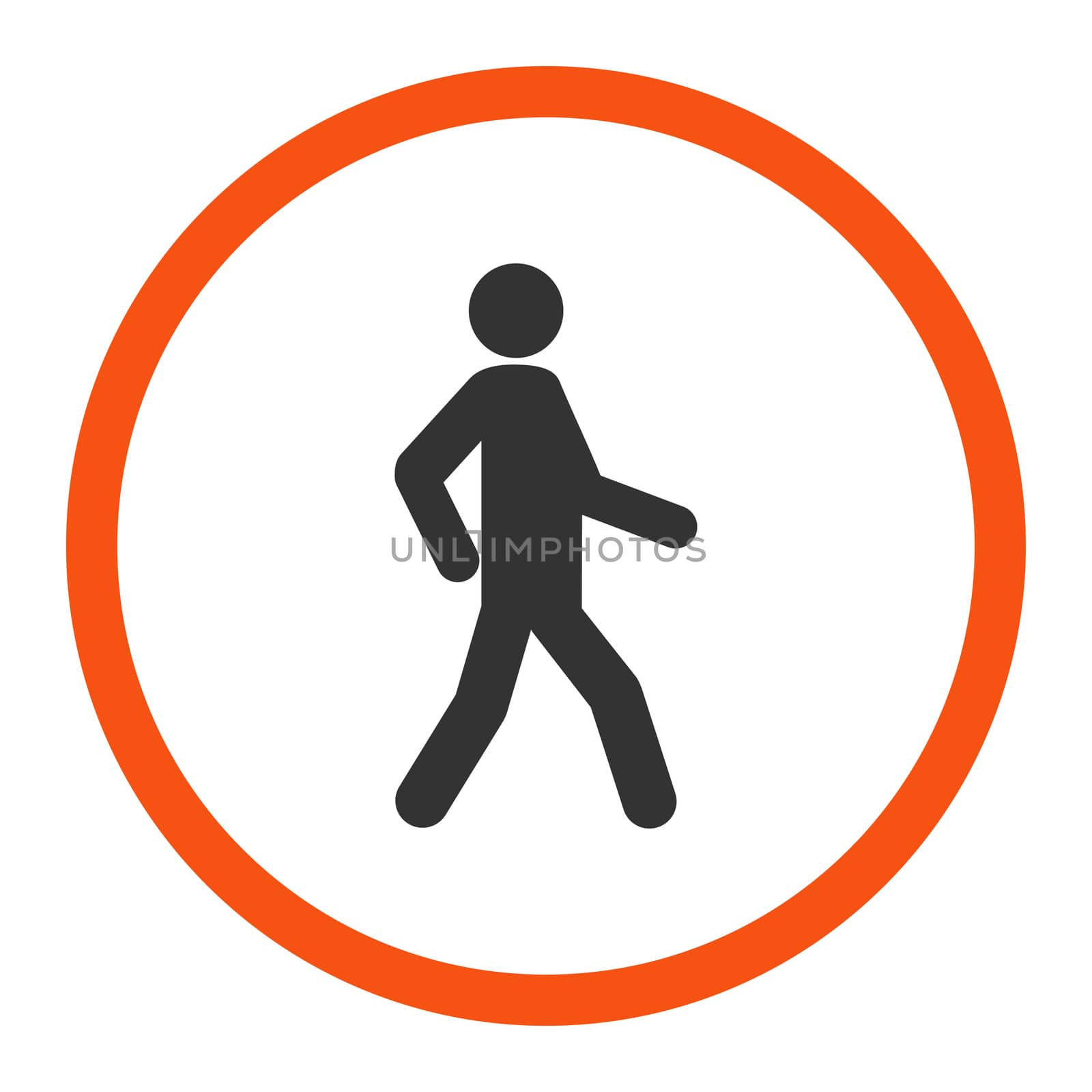 Walking glyph icon. This rounded flat symbol is drawn with orange and gray colors on a white background.
