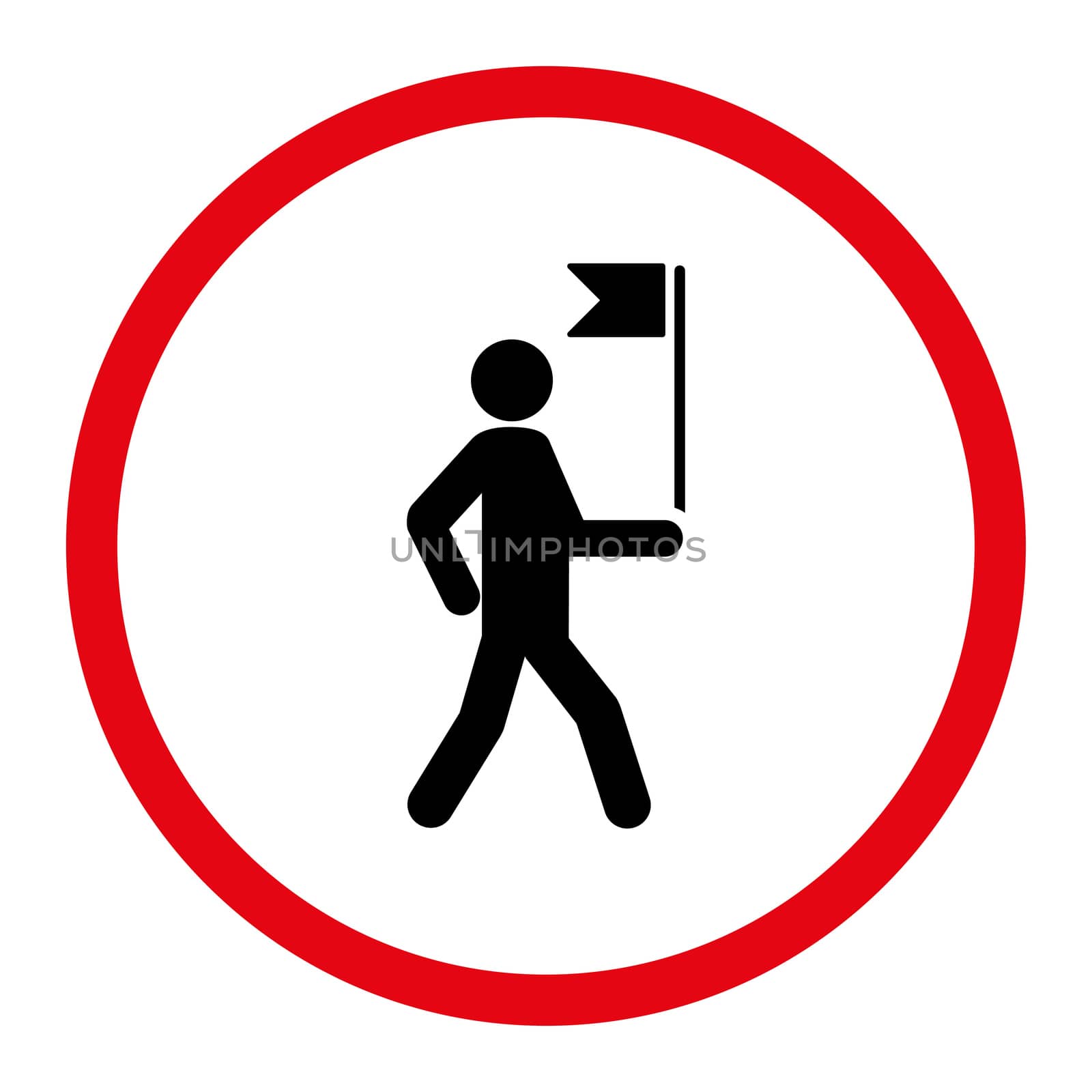 Guide icon. This rounded flat symbol is drawn with intensive red and black colors on a white background.