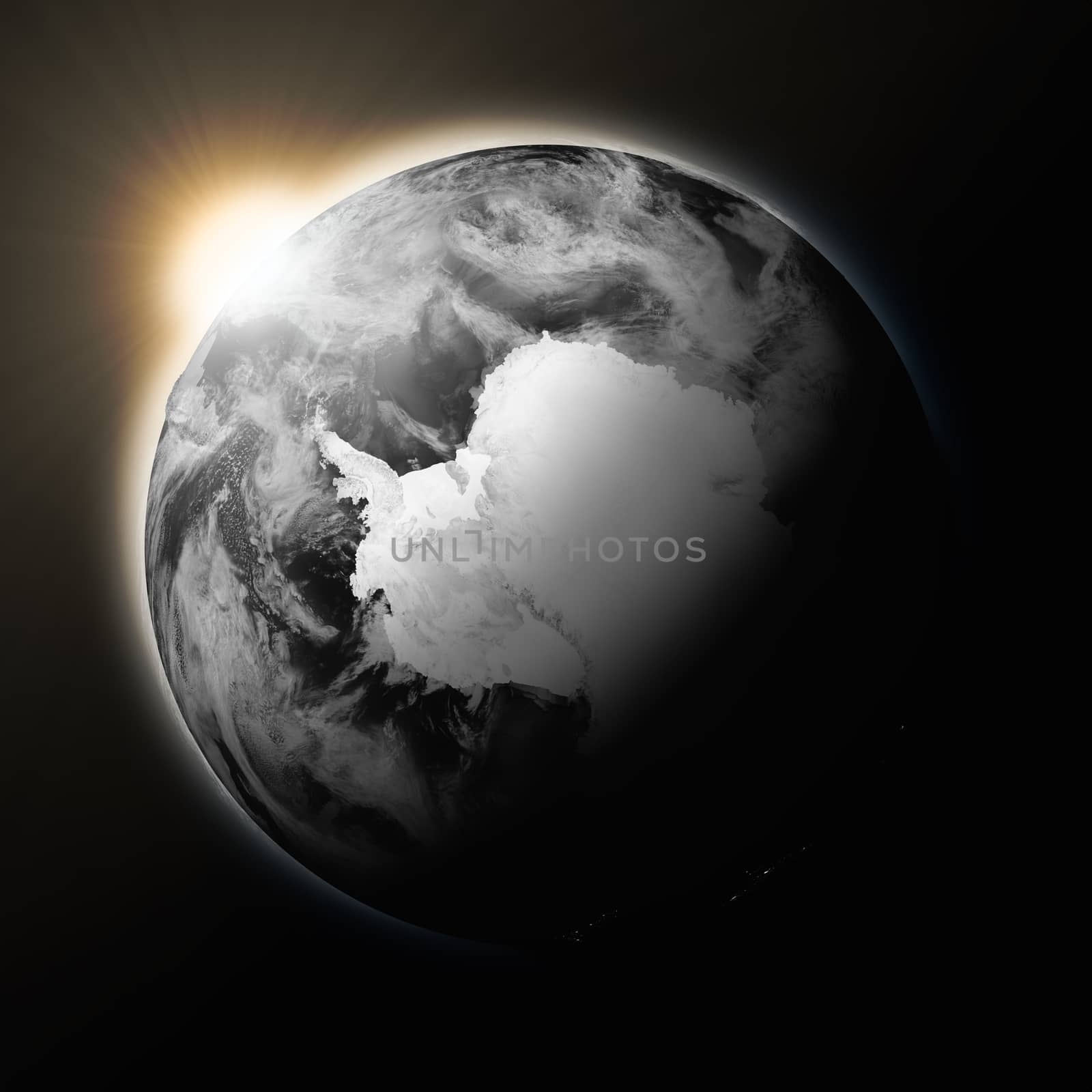 Sun over Antarctica on dark planet Earth isolated on black background. Highly detailed planet surface. Elements of this image furnished by NASA.