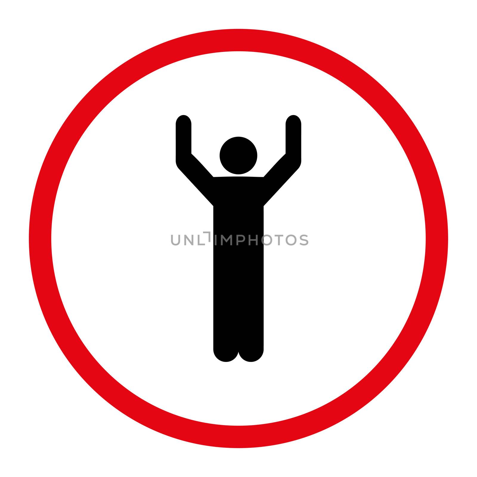 Hands up icon. This rounded flat symbol is drawn with intensive red and black colors on a white background.
