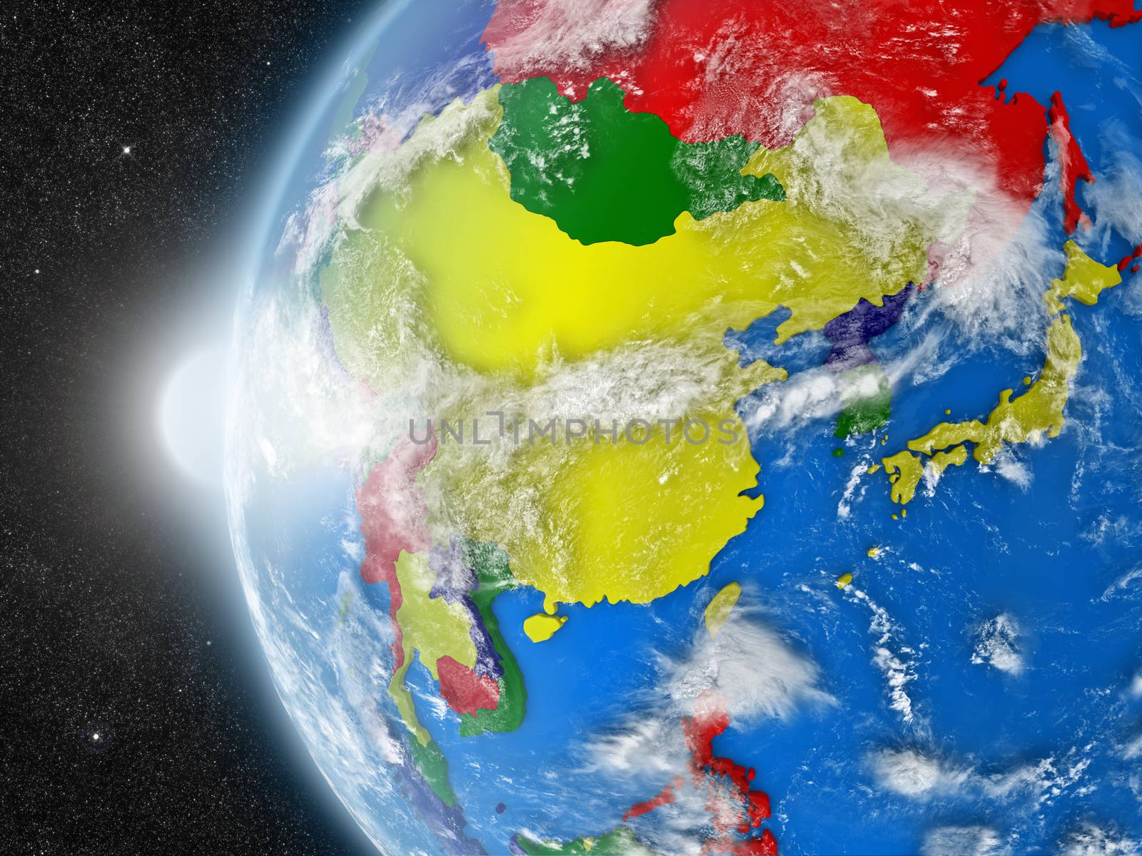Concept of planet Earth as seen from space but with political borders aimed at east Asia region