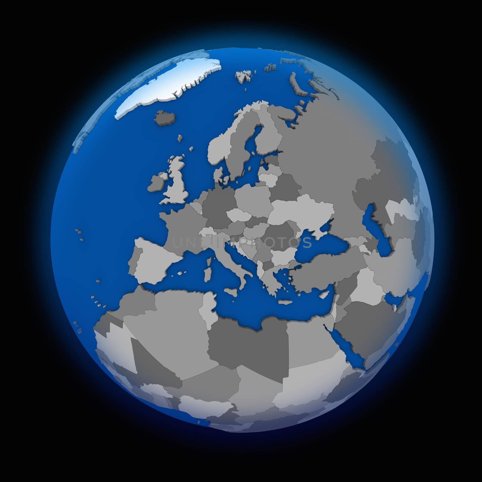 Europe on political globe on black background
