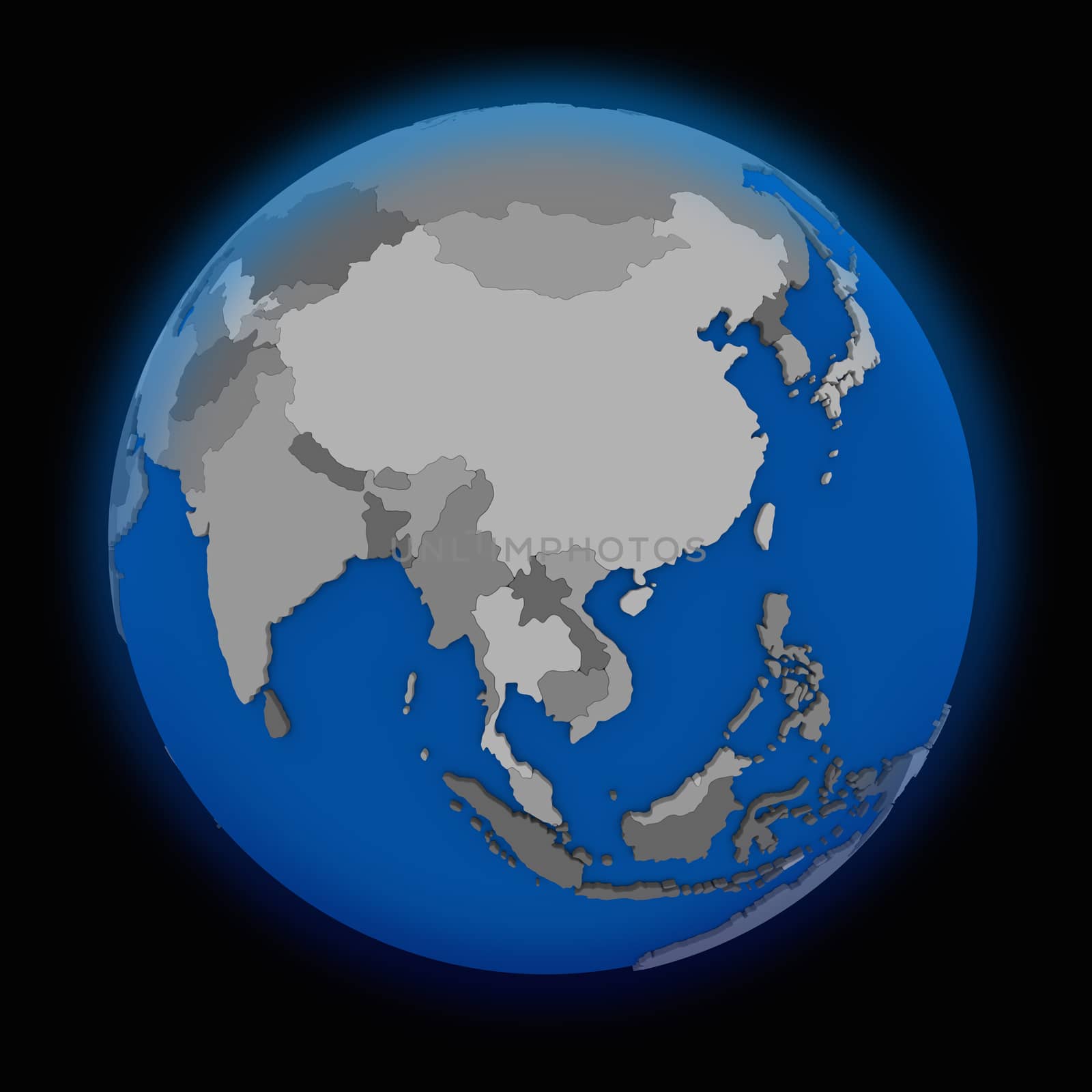 southeast Asia on political globe on black background
