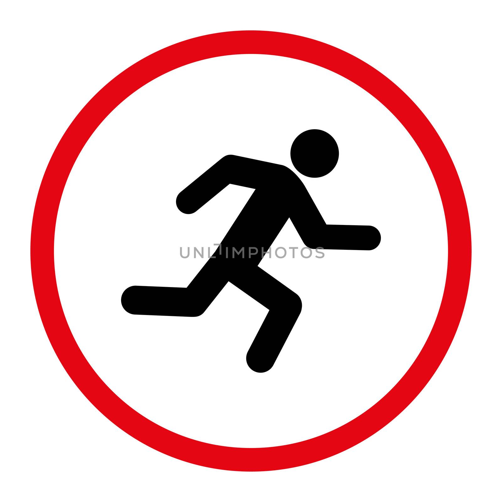 Running man icon. This rounded flat symbol is drawn with intensive red and black colors on a white background.