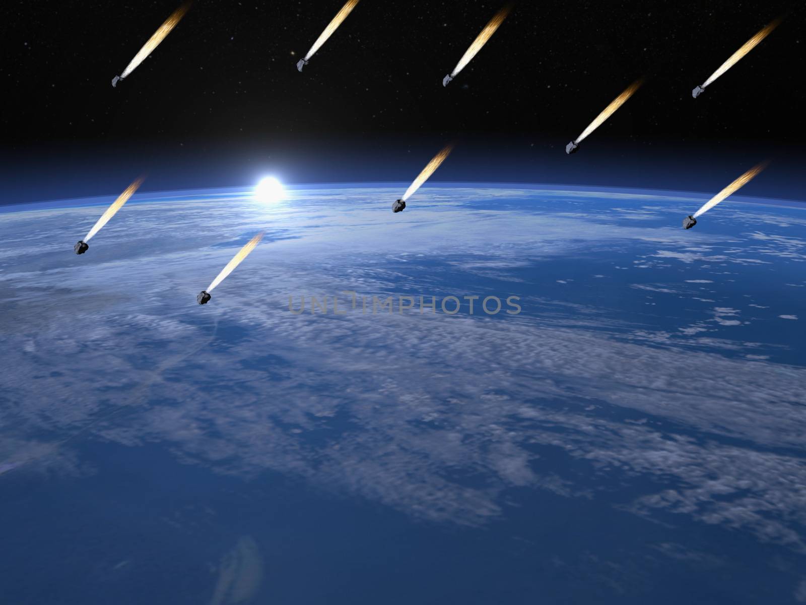 Meteorite shower upon earth by sunrise, elements of this image furnished by NASA - 3D render