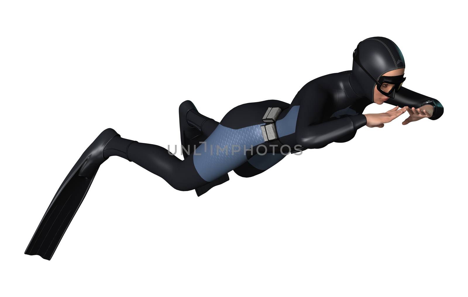 3D digital render of a female diver isolated on white background