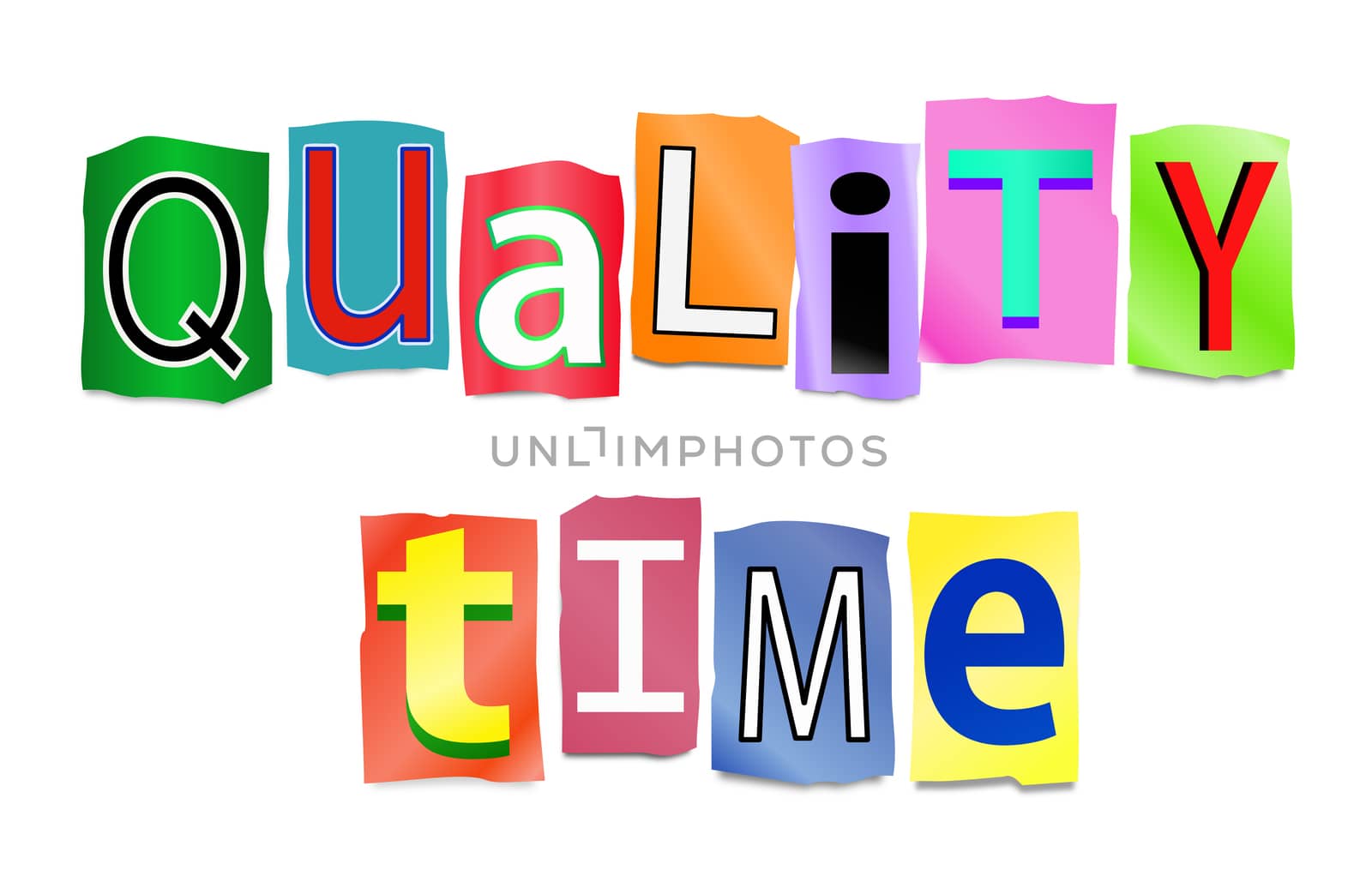 Illustration depicting a set of cut out printed letters arranged to form the words quality time.