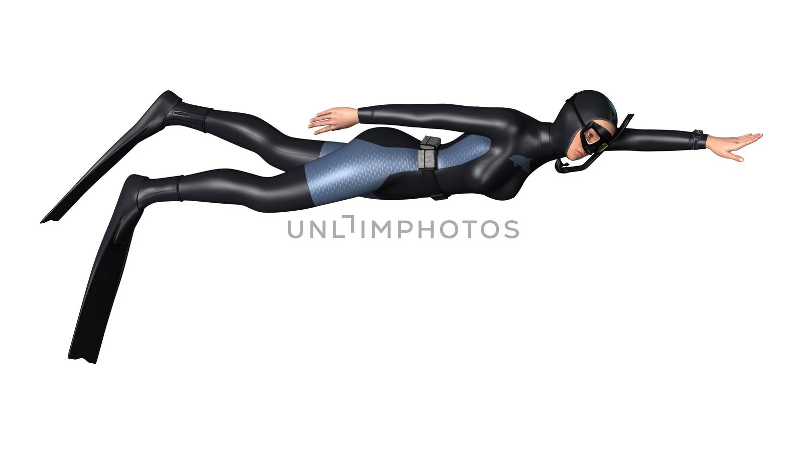 3D digital render of a female diver isolated on white background