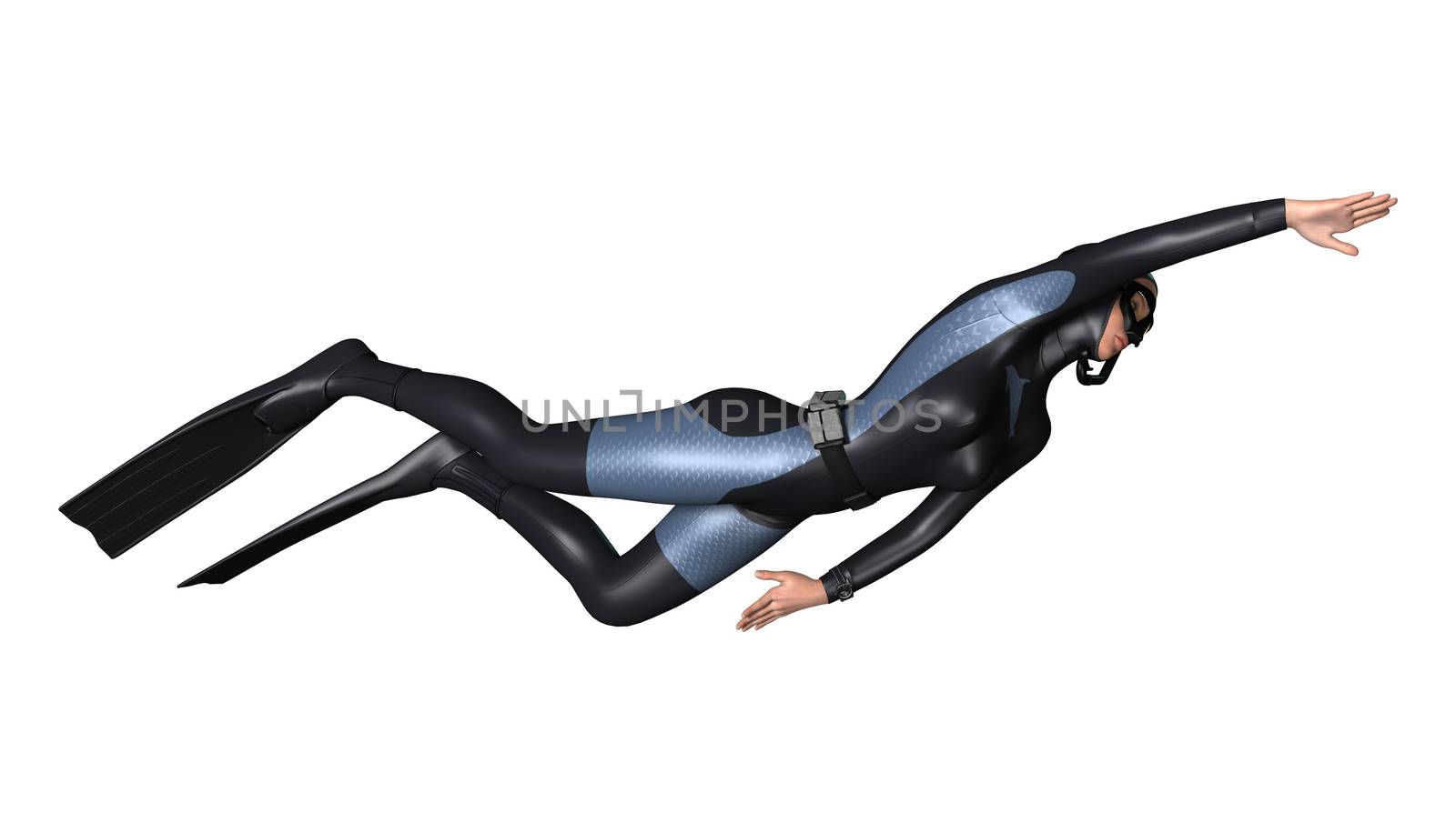 3D digital render of a female diver isolated on white background