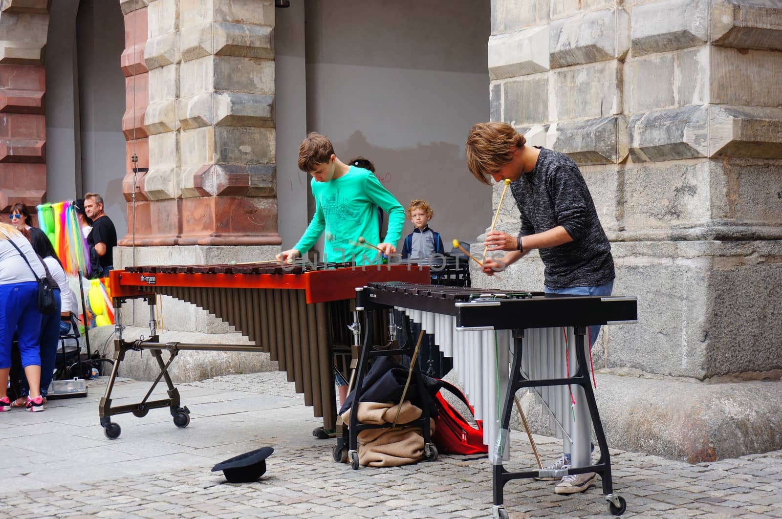GDANSK, POLAND - JULY 29, 2015: Two young men playing instruments at the city center