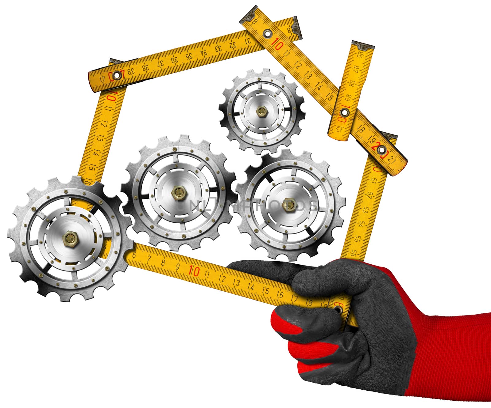 Hand with work glove holding a yellow wooden meter ruler in the shape of house with gears, symbol of house industry. Isolated on a white background