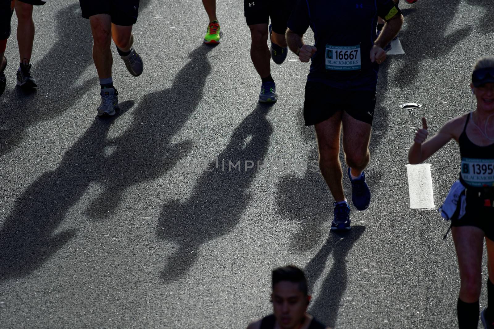 AUSTRALIA, Sydney: Participants cast shadows during the Sydney Running Festival on September 20, 2015. Around 30,000 participants took part in the 15th Sydney Running Festival which incorporates a 42km marathon, a half marathon, a 9km bridge run as well as a 3.5km family fun run