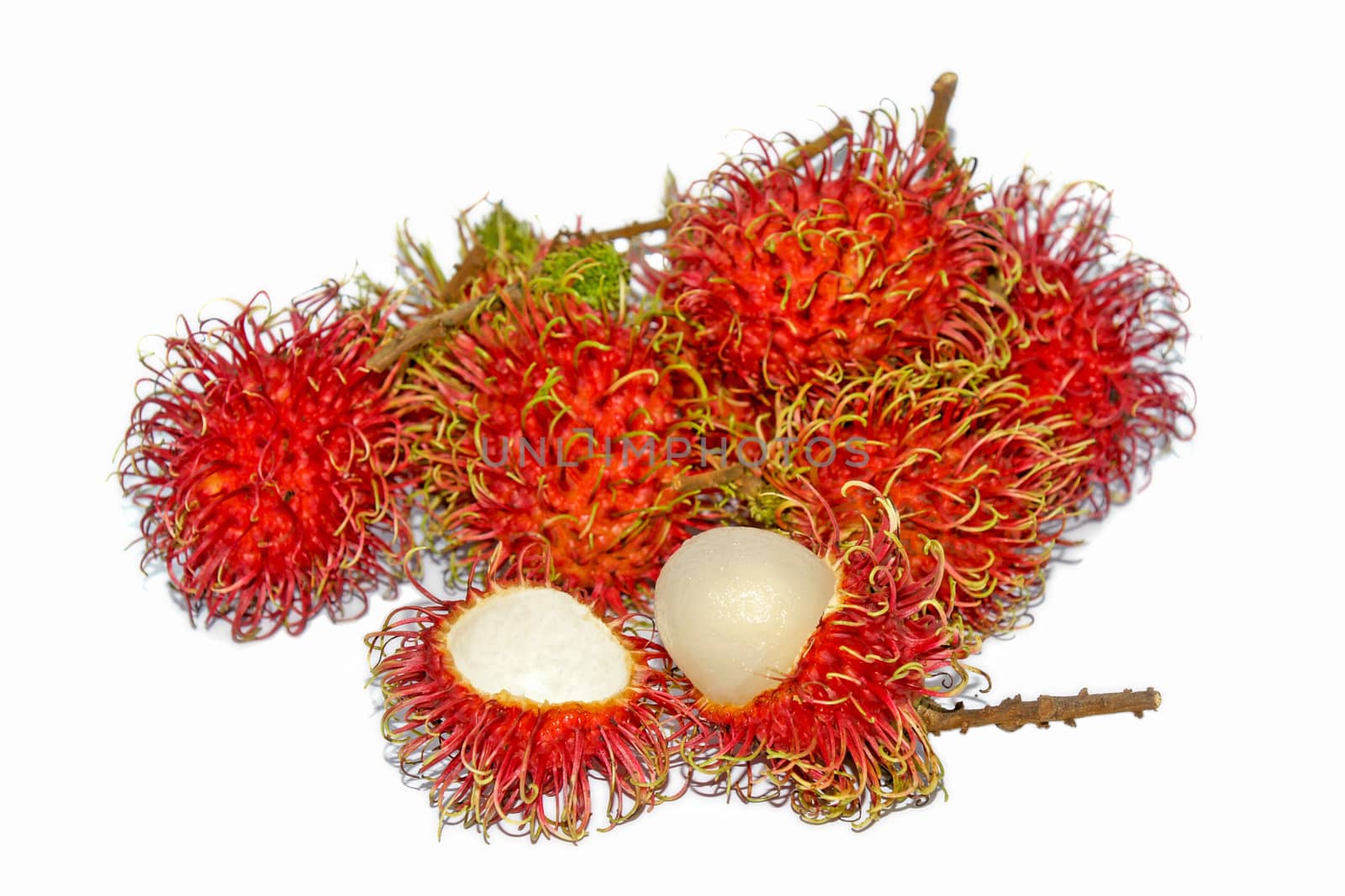 Group of fresh rambutan fruit on white background. Rambutan is a tropical fruit native to Southeast Asia.