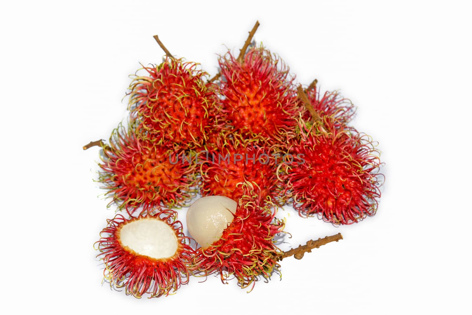 Group of fresh rambutan fruit on white background. Rambutan is a tropical fruit native to Southeast Asia.