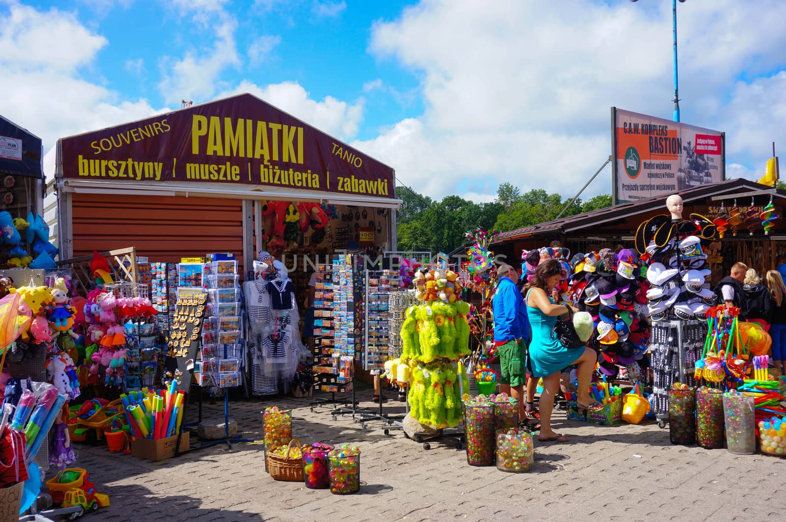 SIANOZETY, POLAND - JULY 23, 2015: Postcards and toys for sale at a gift shop