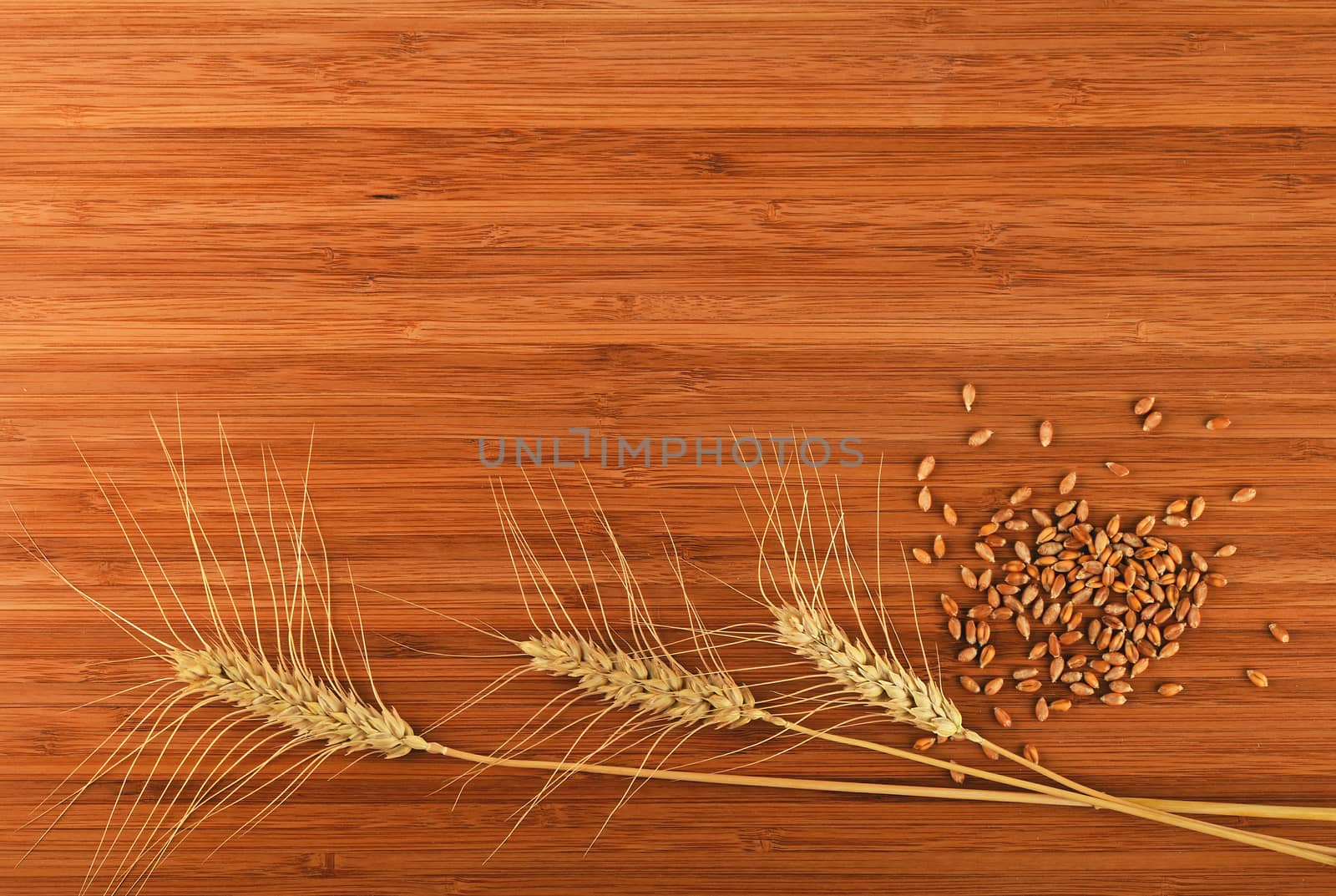 Wooden bamboo cutting board with three wheat ears and handful of ripe grains, add your text