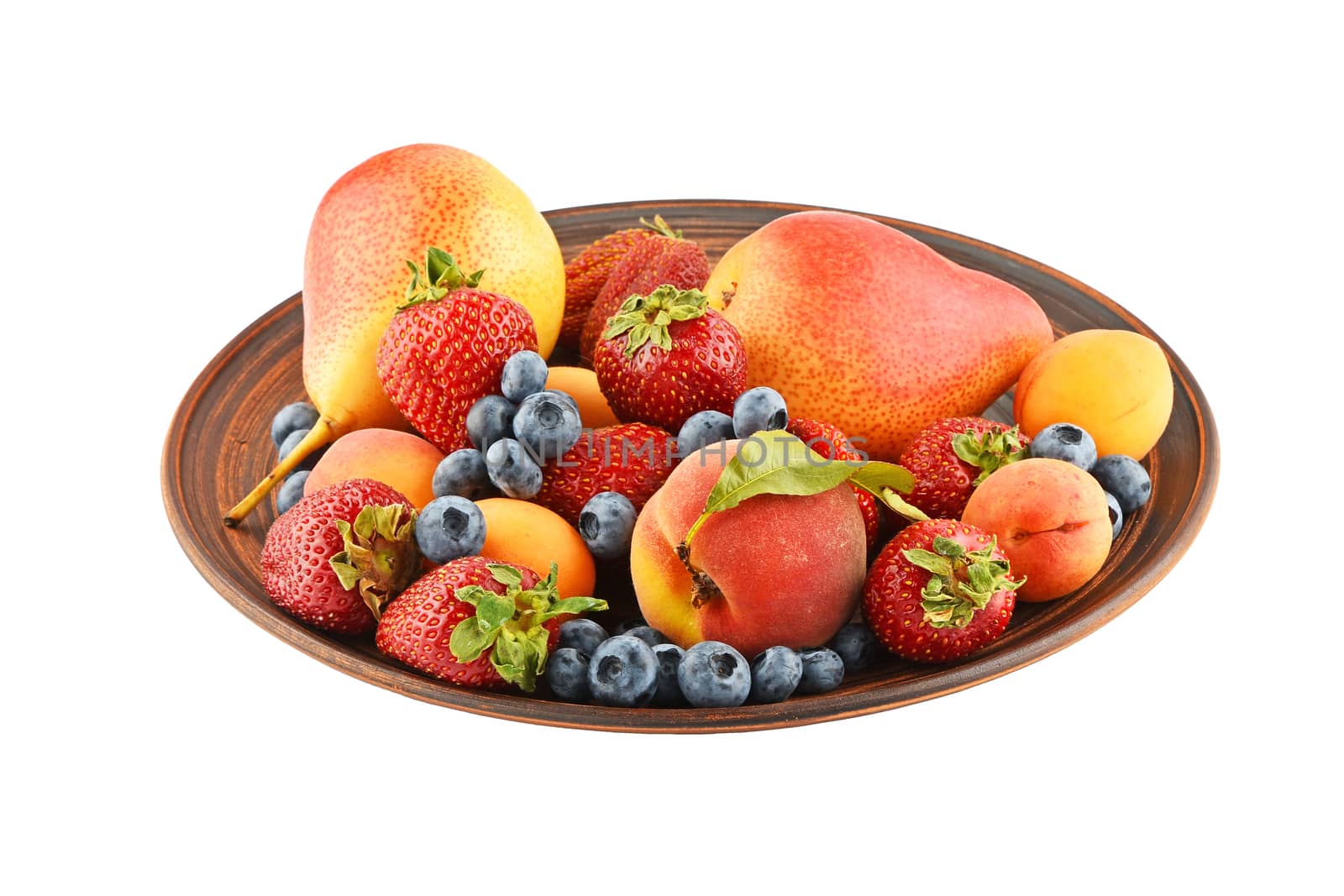 Mellow fresh summer fruits and berries mix in ceramic plate isolated on white, strawberries, blueberries, apricots, peach and pear
