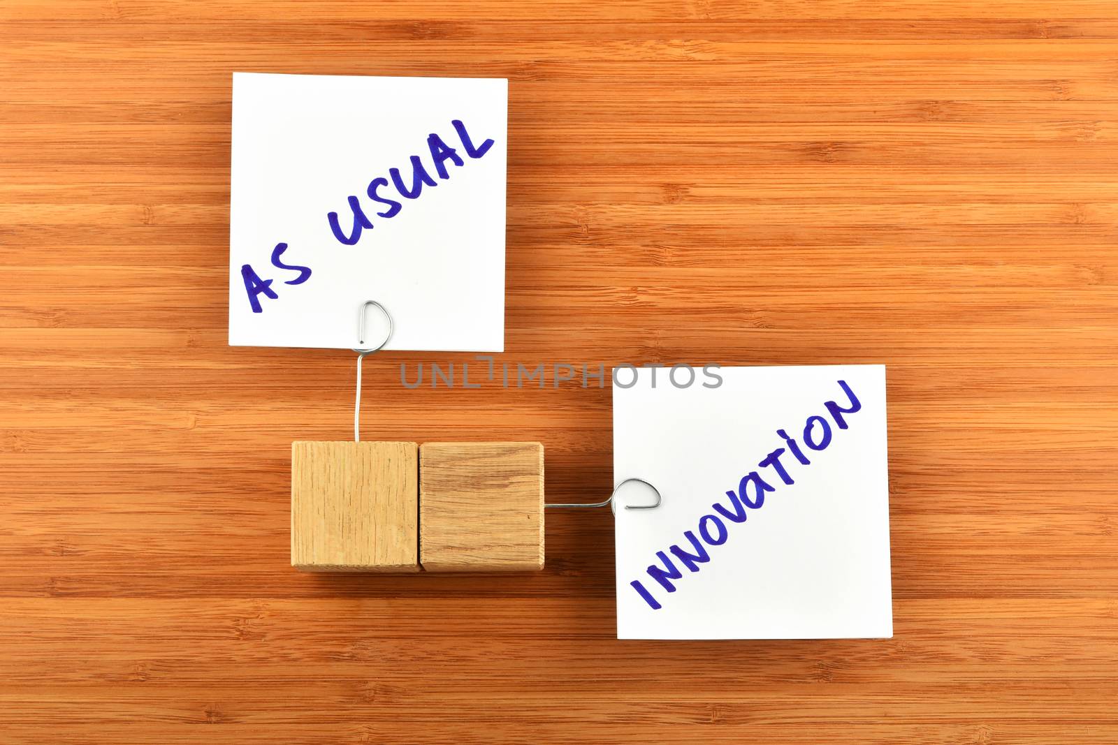Innovation, two white paper notes with wooden holders in different directions on wooden bamboo background for presentation