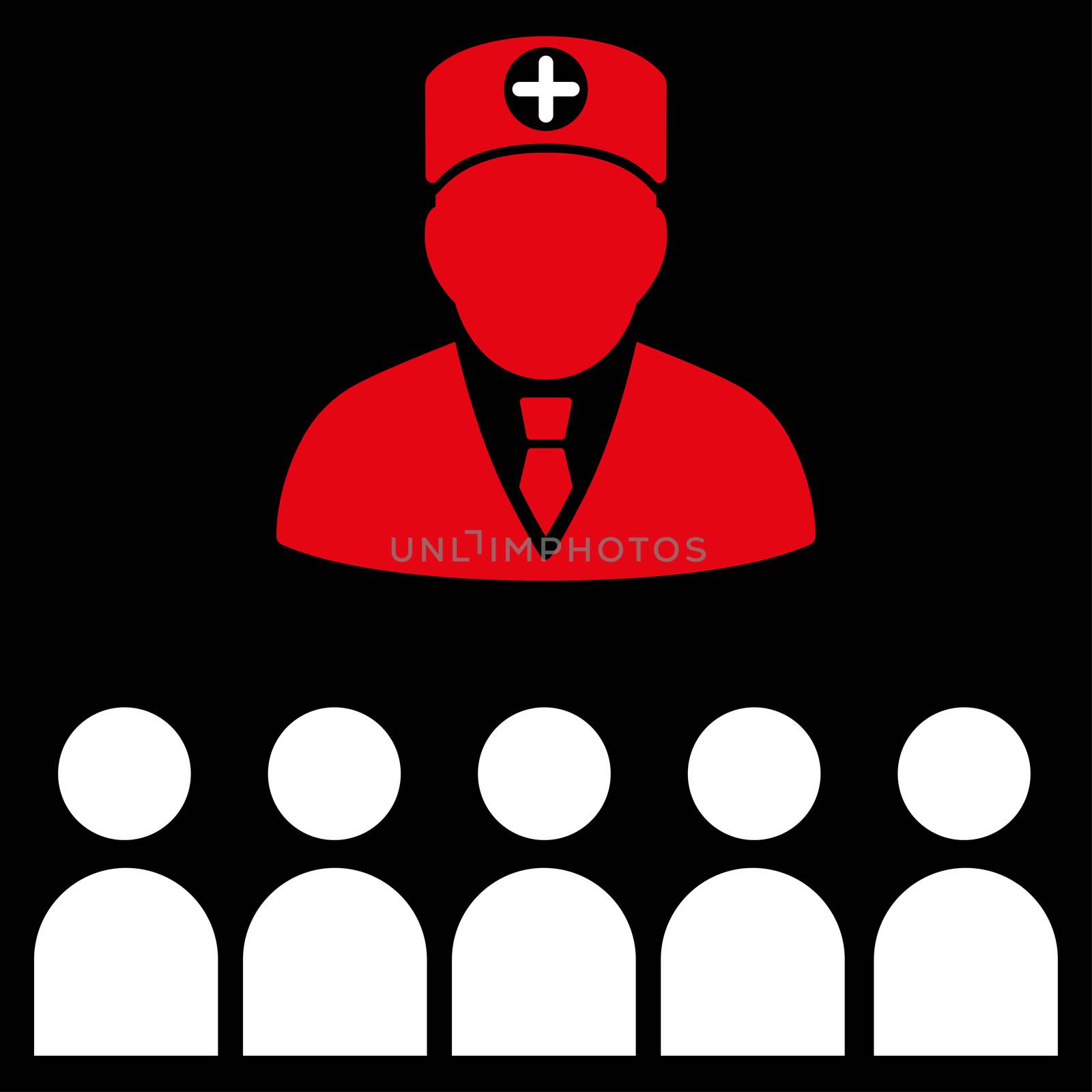 Doctor Class glyph icon. Style is bicolor flat symbol, red and white colors, rounded angles, black background.