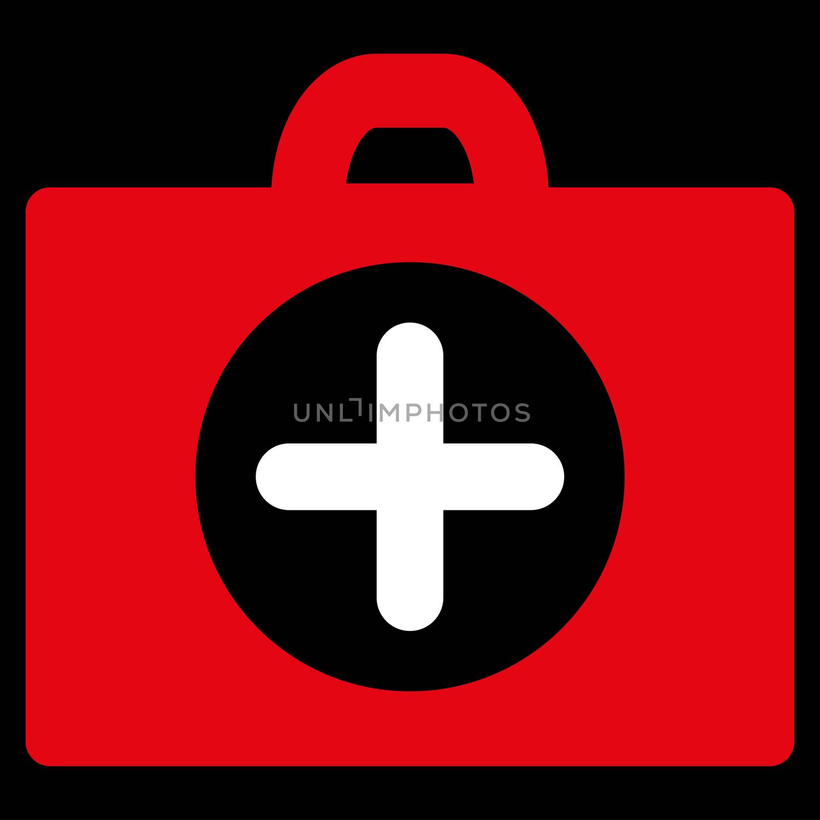 First Aid glyph icon. Style is bicolor flat symbol, red and white colors, rounded angles, black background.
